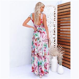 Sexy Tie Dye Print Lace-up Shoulder Straps V Neck Backless Fungus Trim Swing Maxi Dress N21190